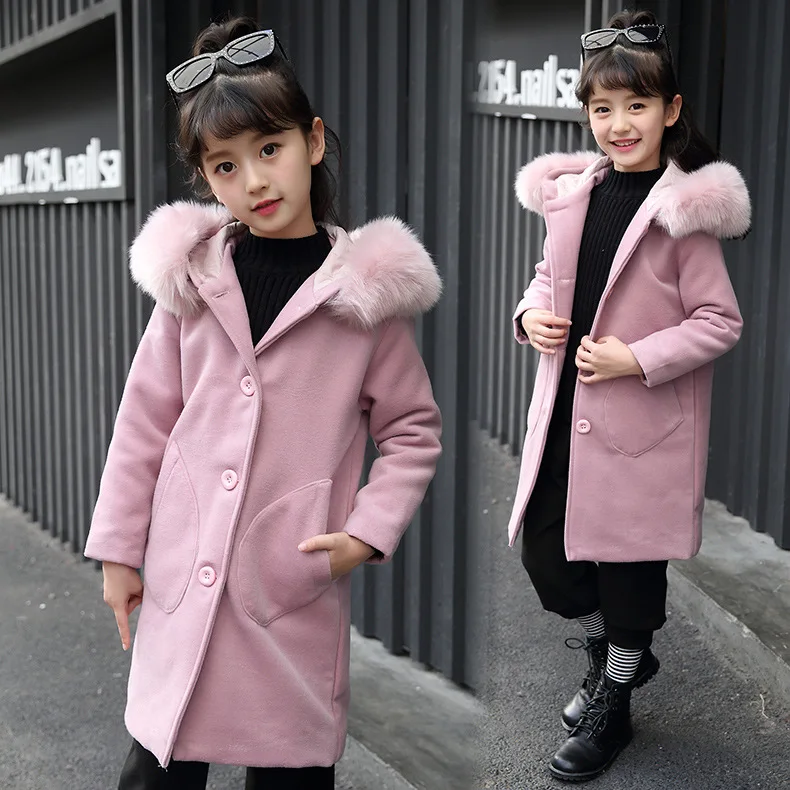 

Winter Fashion Thicken Warm Cotton Child Long Coat Woolen Baby Girls Jackets Fur Collar Children Outerwear For 4-14 Years Old
