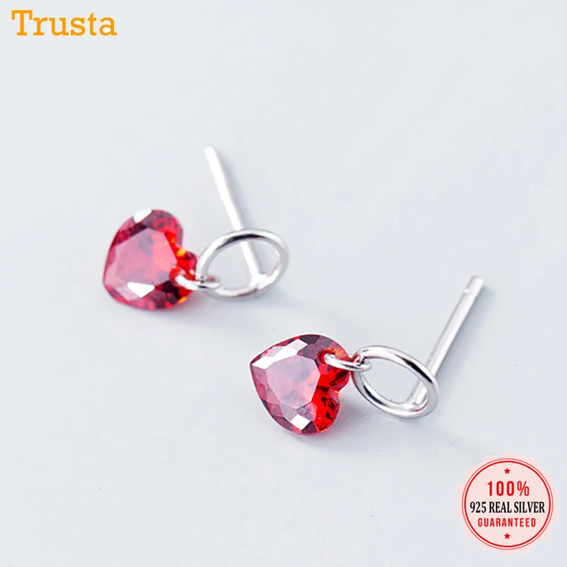 

Trusta 1Pair Newest 100% 925 Sterling Silver Earring Jewelry Women's Fashion Small Red Heart CZ Stone Stud Earrings DS1294