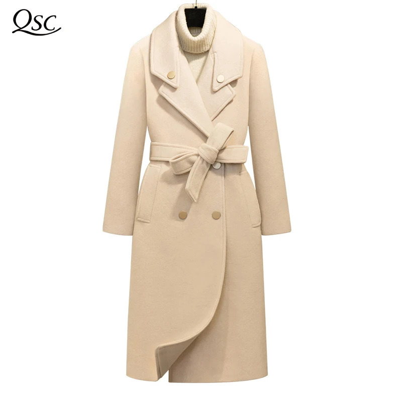 

QSC Spring Autumn Winter Coat Women Belt 2018 Coat Famale Overcoat Long Slim Blend Turn Down Collar Woolen Outerwear NZ25