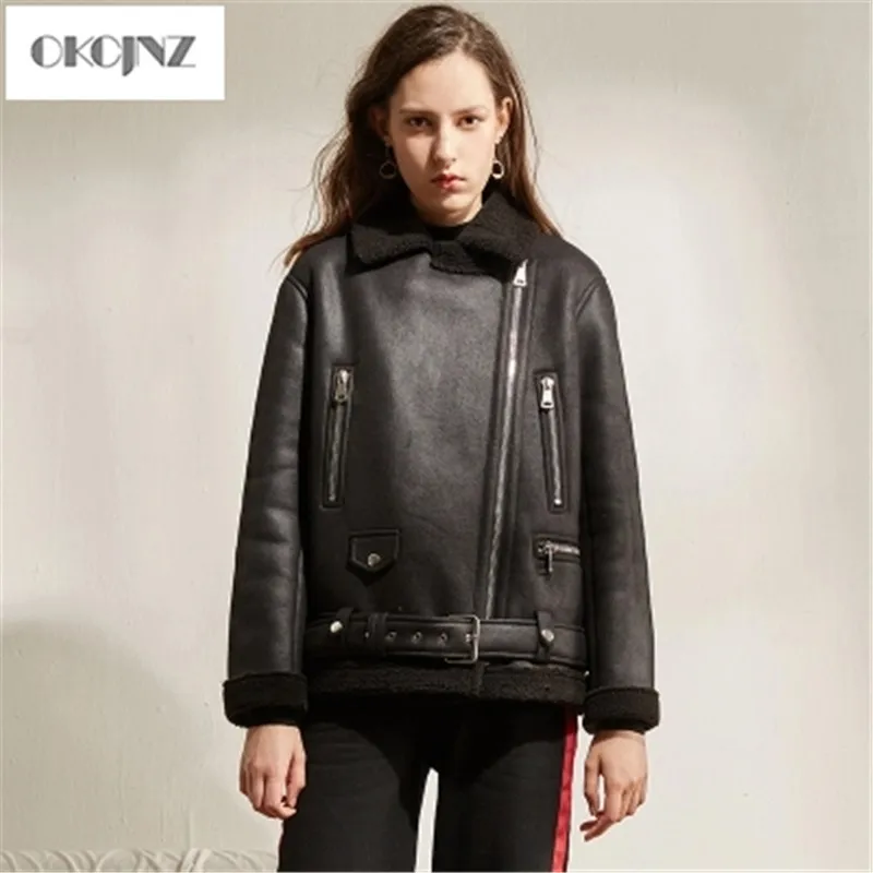 Государства осень-зима Для женщин Свободные имитация овечьей шерсти куртка из искусственного меха одна сторона черная куртка на молнии мотоциклетные пальто Толстые YY010