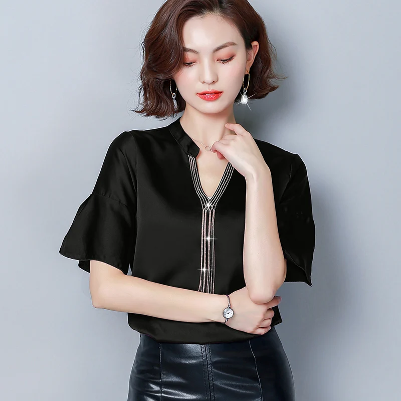 Korean Fashion Silk Women Blouses Satin Womens Tops and Blouses Flare Sleeve Black Women Shirts Plus Size XXXL Ladies Tops - 33059679855