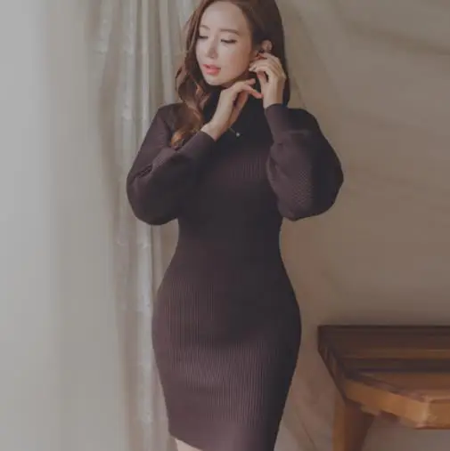 

Autumn Slim O-neck Lantern Sleeve Knitted Sweater Dresses Women Casual Warm Hip Packaged Knitwear Tunic Pullover Dress LJ57