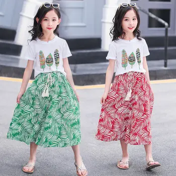 

2020 New Summer Japan. Korean Girl Wide Leg Pants + Tshirt Clothes Set Kids Girl Wide Leg Trousers Capri + Leaf T shirt 2PCS Set