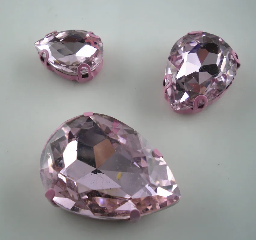 

bottom hole DR water drop faceted pink glass crystal rhinestones pink metal claw cup flat back clothing applique sew 5pcs/bag