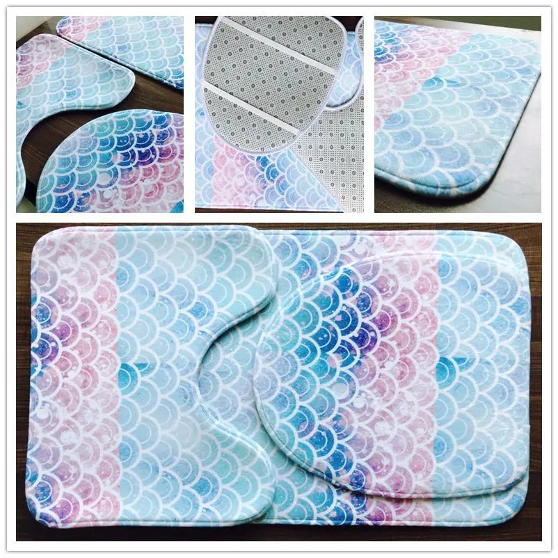 3 шт 3D коврики для ванной комнаты Нескользящая подставка коврик крышка унитаза коврик для ванной набор цветной принт рыбья чешуя принт Декор для дома