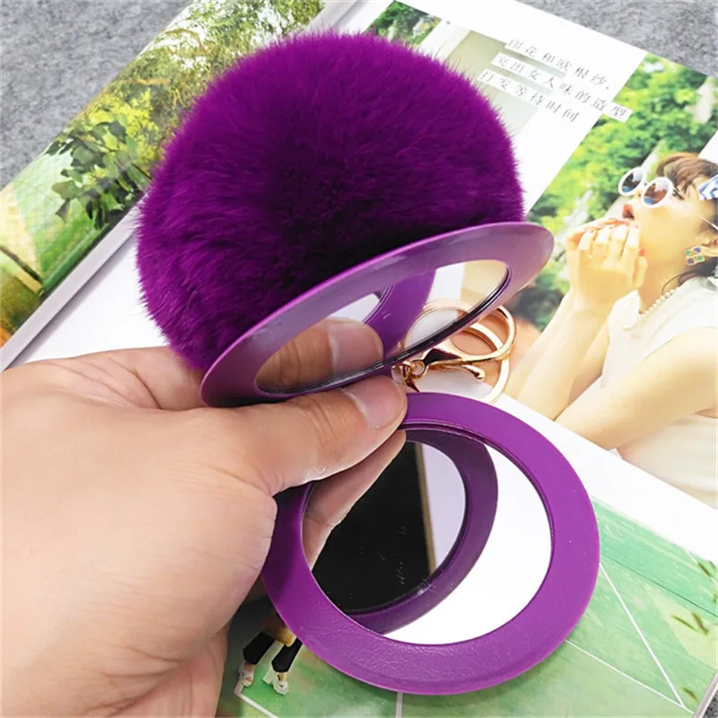 

2018 New Design Pompom Plush Keychain with Makeup Mirrors Function Best Gifts
