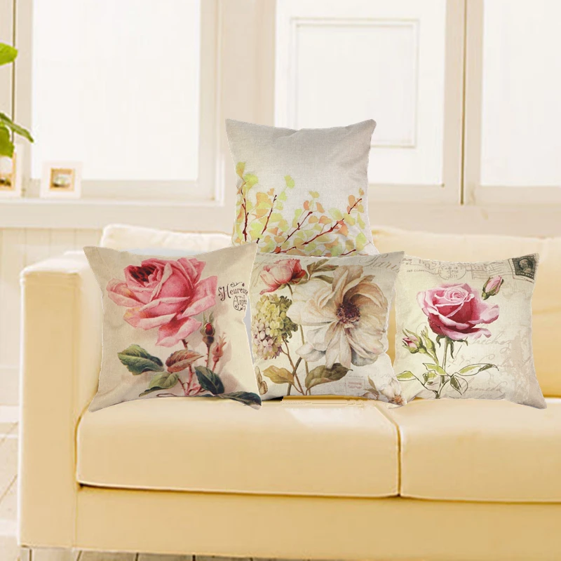 

Vintage Decorative Home Cotton Linen Pillow Case Cover Living Room Bed Chair Seat Waist Throw Cushion Rose Flowers Pillowcases