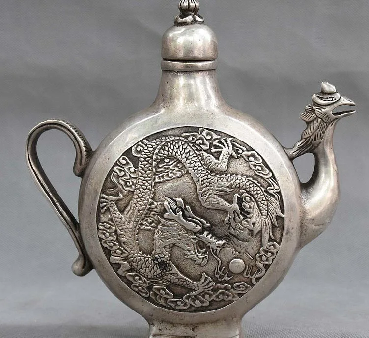 

8" Marked Chinese Silver Auspicious Dragon Phoenix Statue Teapot Wine Pot Flagon
