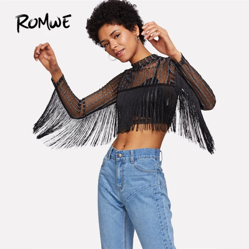 

ROMWE Black Fringe Striped Glitter Mesh Top Spring Stand Collar Long Sleeve Sheer Sexy Crop Top Women Slim Party Blouse