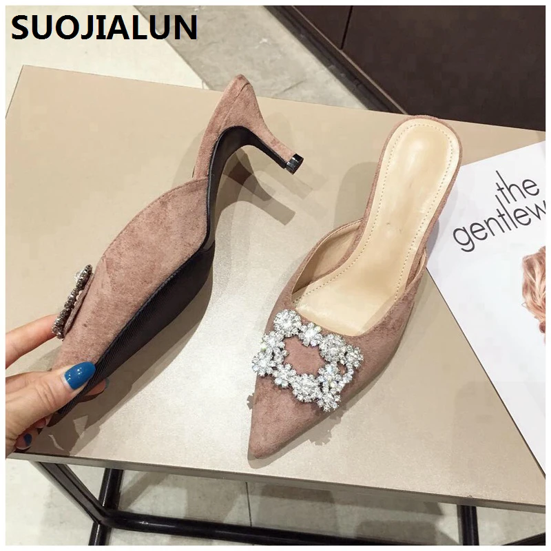 SUOJIALUN/2019 г. Весна на среднем каблуке шлёпанцы сандалии для девочек Женская обувь
