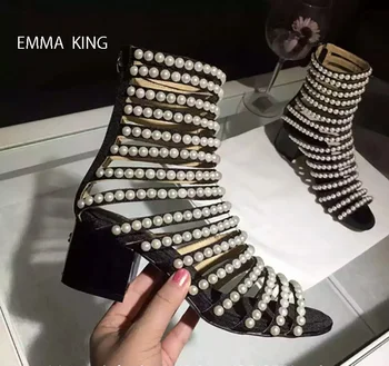 

Retro Style Sandalias Mujer 2018 Pearl Gladiator Sandals Woman Zipper Chunky High Heels Summer Black Party Dress Ladies Shoes