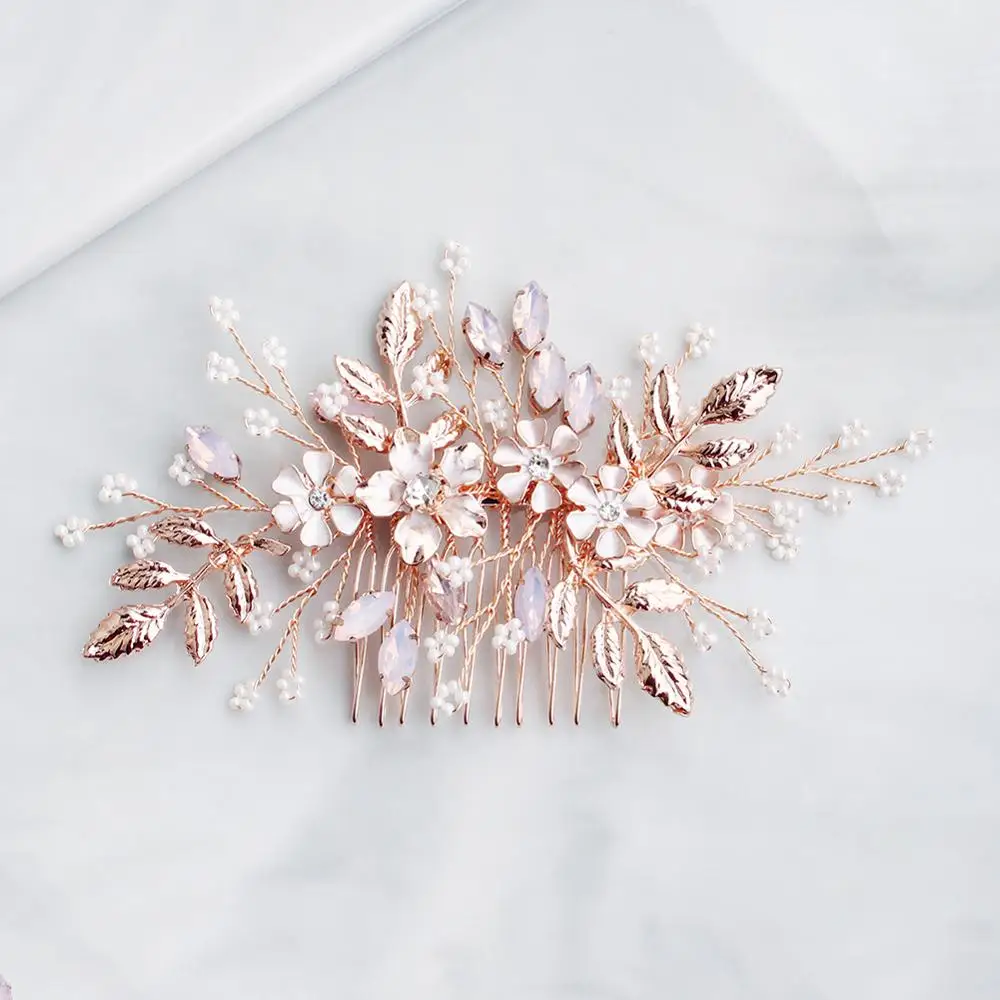 Women Flower Hair Combs Rose Gold Color Leaf Hair Jewelry Accessories Elegant Pink Crystal Wedding Hair Ornament For Bride