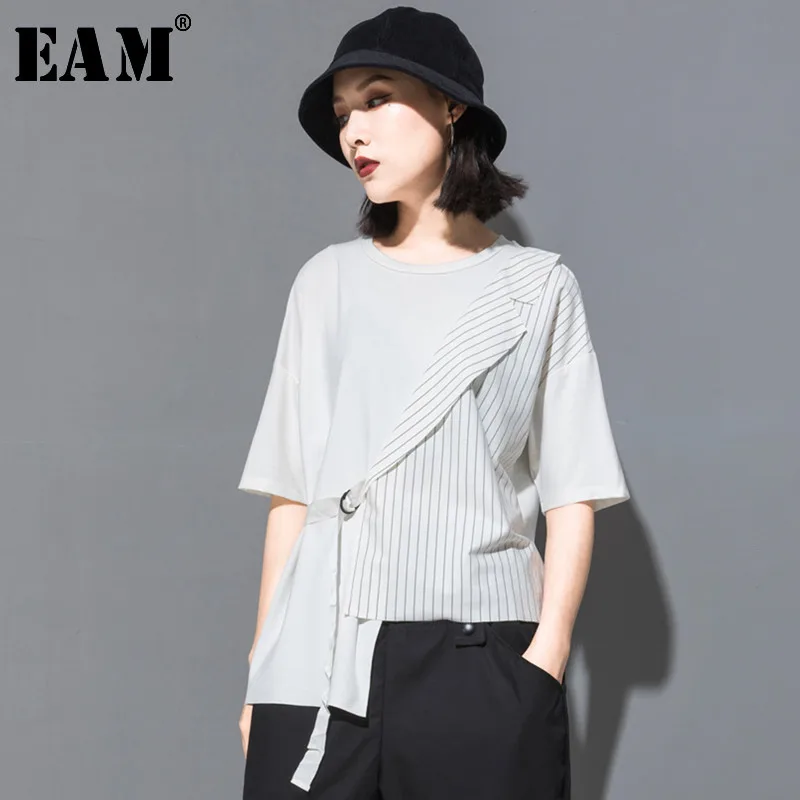 

[EAM] 2019 New Spring Summer Round Neck Three Quarter Sleeve Irregular Striped Bandage Big Size T-shirt Women Fashion JT230