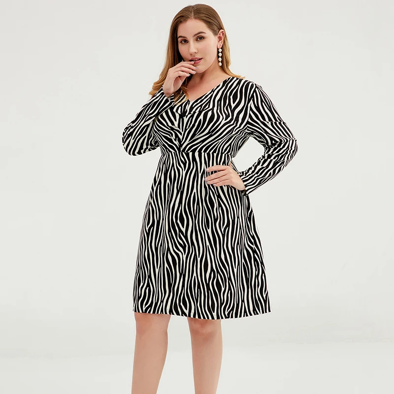 Buykud Women Summer Elegant V-Neck Long Sleeve Loose Party Vestidos Casual Dress  Zebra-Striped Plus Size Women Clothes (6)