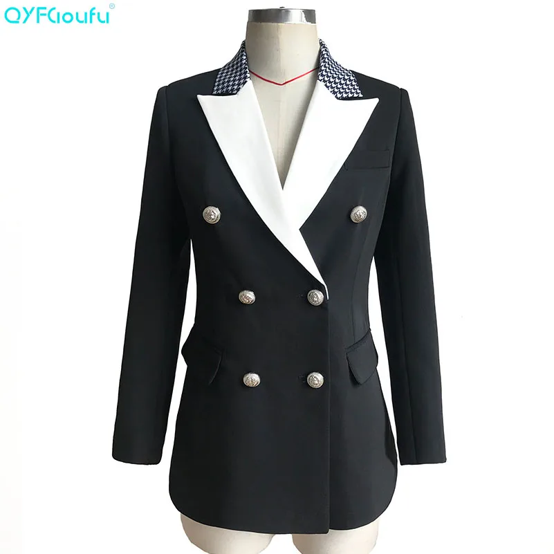 

QYFCIOUFU Vintage Bouble Breasted Women Blazer Spring Jackets Female Retro Suits Coat Work Black White Outerwear High Quality