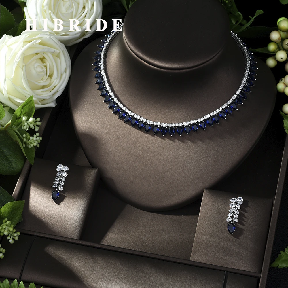 

HIBRIDE White Gold-Color Fashion Luxury Cubic Zirconia Necklace Earrings Set Women Fine Jewelry Sets Party Accessories N-1012