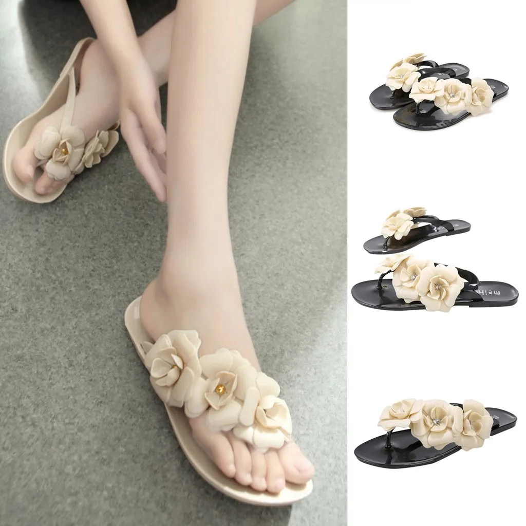 

Women Zapatillas De Mujer Kapcie Beach Flip Flops Bathroom Slippers Candy Color With Beautiful Camellia Beach Flats Shoes #89