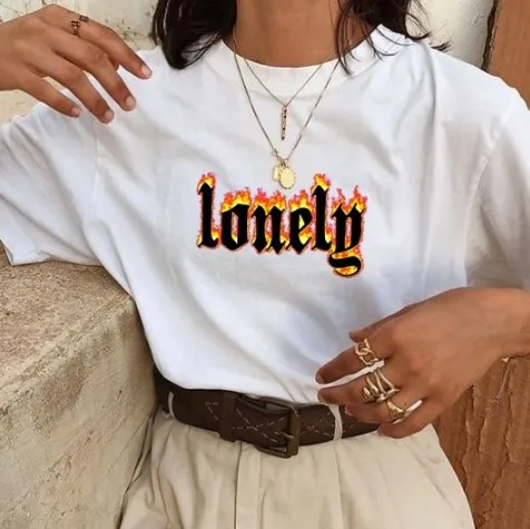 HAHAYULE футболка унисекс Lonely Flame 90s хипстер гранж графический Tee Tumblr Модный Милый Белый Топ - Цвет: White-Lonely Flame