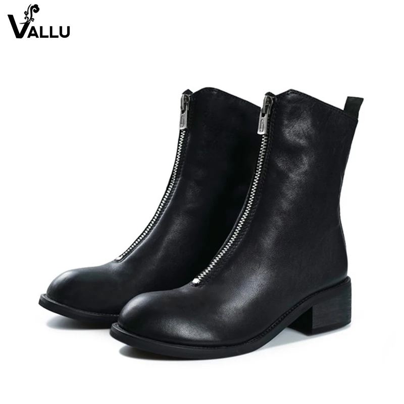 

Black Fashion Women's Booties Genuine Leather Upper Zipper Design Lady Boots Latest Female Thick Heel Shoes Big Size 41