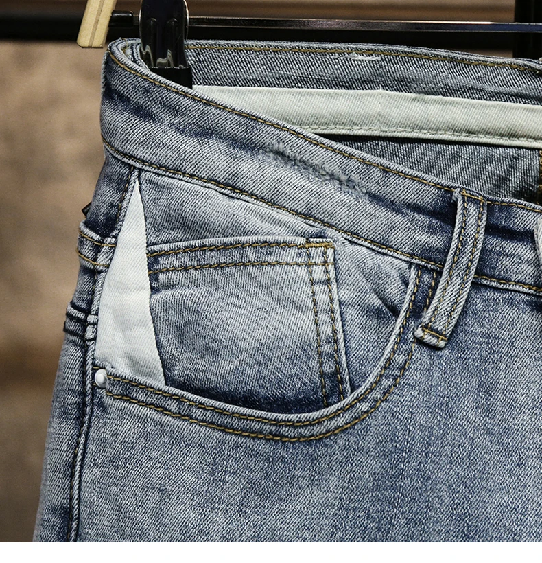 Ripped Jeans for Men Skinny Light Blue Gray Stretch Slim Leg Streetwear Distressed Moto Biker Jeans