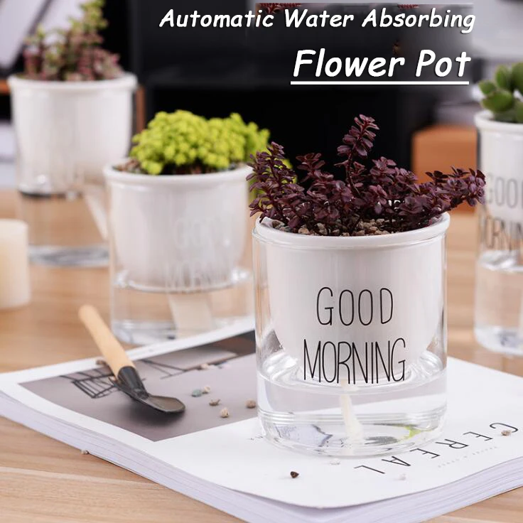 

TECHOME New 2019 Simple Home Creative Desktop Balcony Planter Ceramic Glass Combination Automatic Water Absorption Flower Pot
