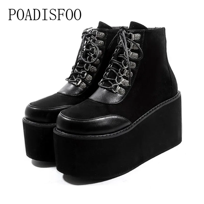 

POADISFOO Women's Thick Heels Punk Street Muffin Thick-soled Booties Flat Slope With High-heeled Martin Boots JXQ-808-81