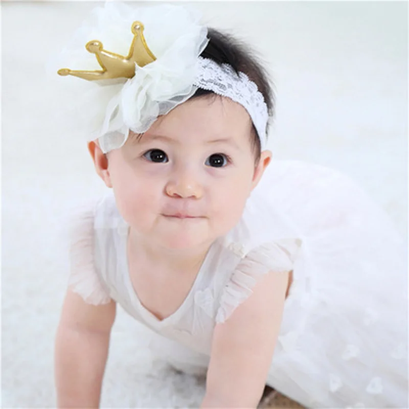 

New Beige Crown Flowers Hairbands Girls Headwear Children Headbands Elastic Hair Band Kids Hair Accessories