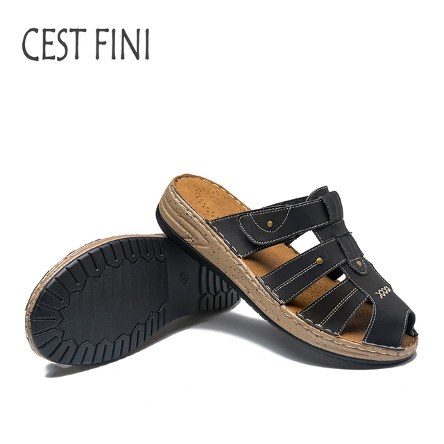 CESTFINI Summer Women Slippers Leather Ladies Shoes Fashion Open Toe Retro Slides For Women #SL001