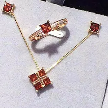 Натуральный гранат, квадратное кольцо, серебро 925 пробы, кулон, розовое золото, серьги инкрустированные, красное кольцо с камнем, серьги и кулон