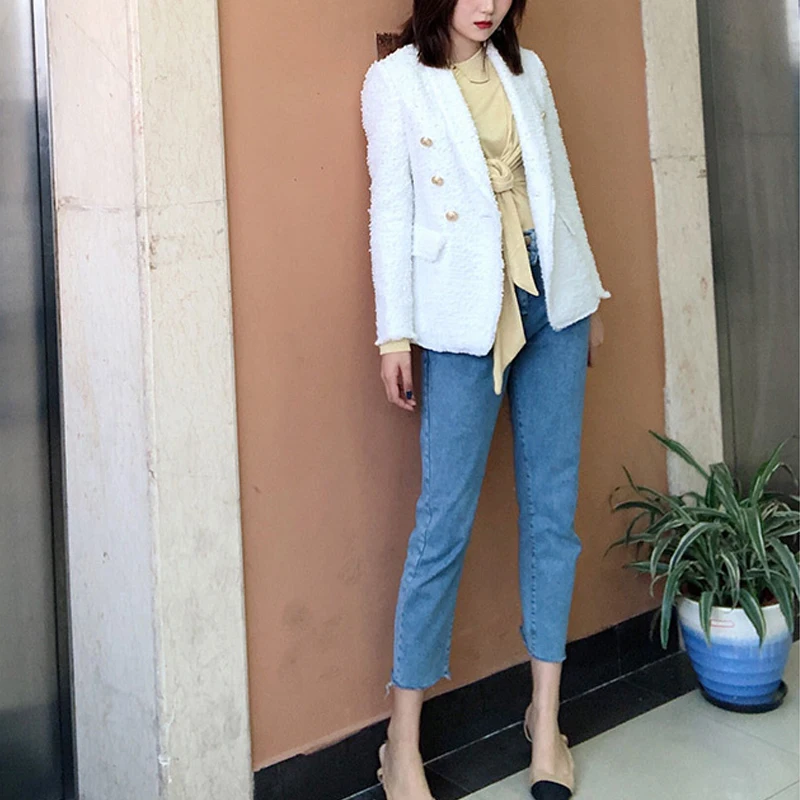 High Quality White Black Tweed Office Blazer Women Long Sleeve Gold Double Buttons Designer Blazers Outer Jacket Female Autumn