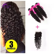 Peruvian Deep Wave Virgin Hair With Lace Closure Human Hair Weave Lace Closure With 3 Bundles