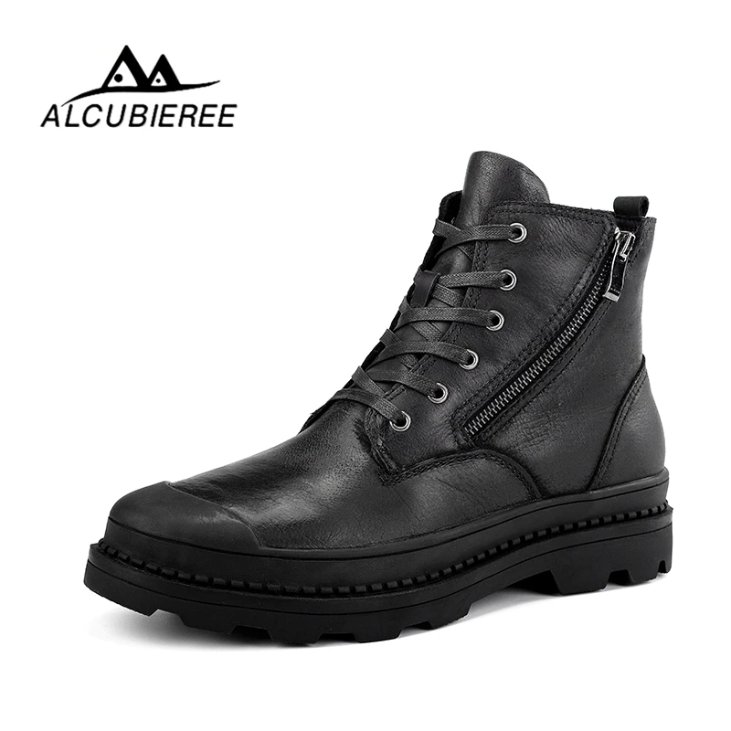 

ALCUBIEREE Leather Men Winter Boots With Fur Keep Warm Fashion Unisex Snow Boots High Quality Vintage Style Winter Men Shoes