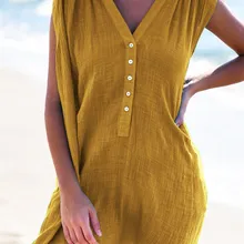 Мини-платья с круглым вырезом и пуговицами для женщин, бикини, однотонное пляжное платье без рукавов, женское повседневное пляжное платье трапециевидной формы, Сарафан Vestidos