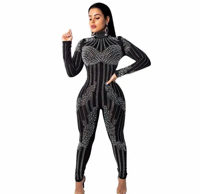 

Fashion See Through Rhinestones Pearls Jumpsuit Women's Bodysuit Stage Celebrate Women Singer Dance Show 2 Colors Outfit