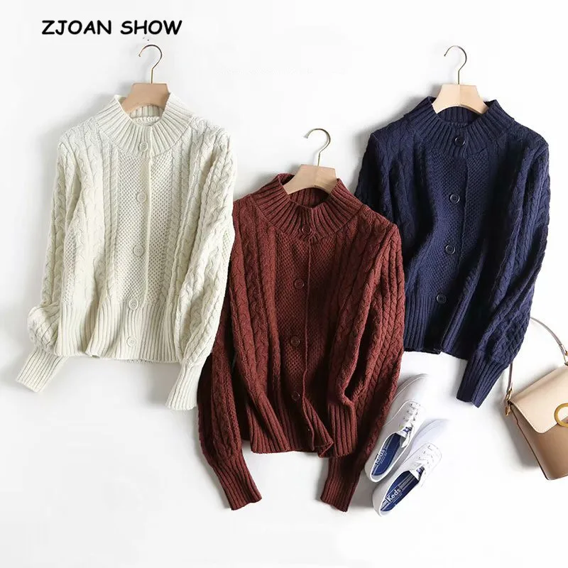 

2019 CHIC Stand Collar Twist Stripe Cardigan Vintage Woman Long sleeve Single-breasted Button Knit Loose Knitwear Causal Jumper