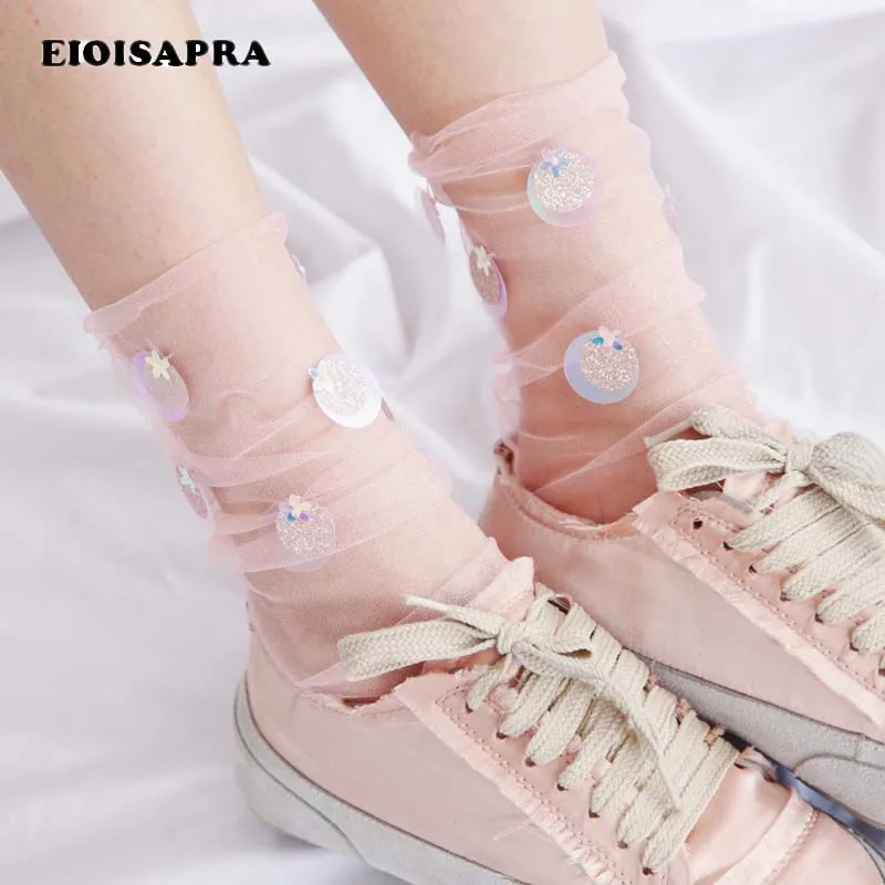 

[EIOISAPRA]New Shiny Sequins Italy Handmade Socks Transparent Embroidery Socks Women Korean Elegant Heap Heap Calcetines Mujer