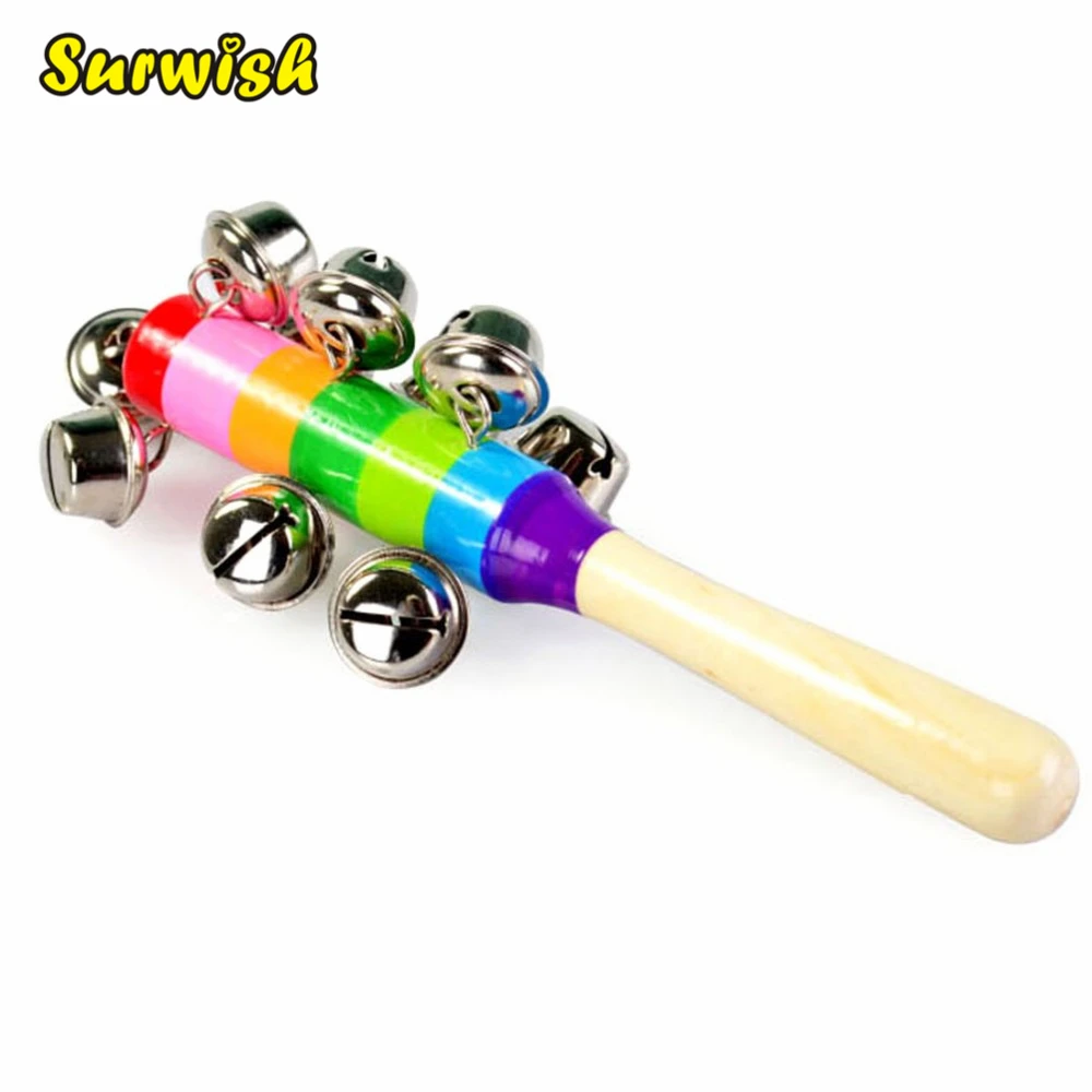 Surwish 1 pcs Wooden Stick 10 Jingle Bells Rainbow Hand Shake Bell Rattles Baby Kids Children