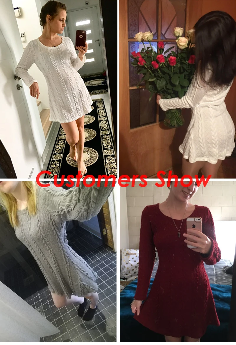 white  Long Sleeve Knitted Sweaters Dress