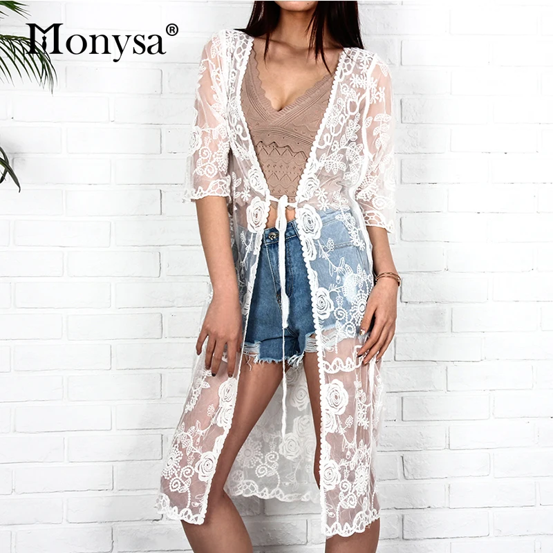 

White Lace Cardigan Kimono Women 2019 Summer Holidays Clothing Flare Half Sleeve Long Lace Blouse Top Women Beach Cover Up