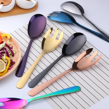 

2 Pcs/Set Large Salad Dinner Serving Spoons Kitchen Stainless Steel Spoon Fork Set Colorful Server Fork Spoon Tableware