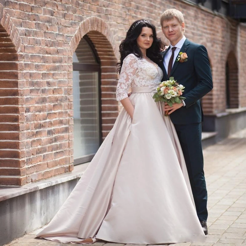 DZW640 vestidos de noiva 2019 A-line Plus Size Wedding Dresses Lace Half Sleeve Button Back Satin Gowns mariage | Свадьбы и