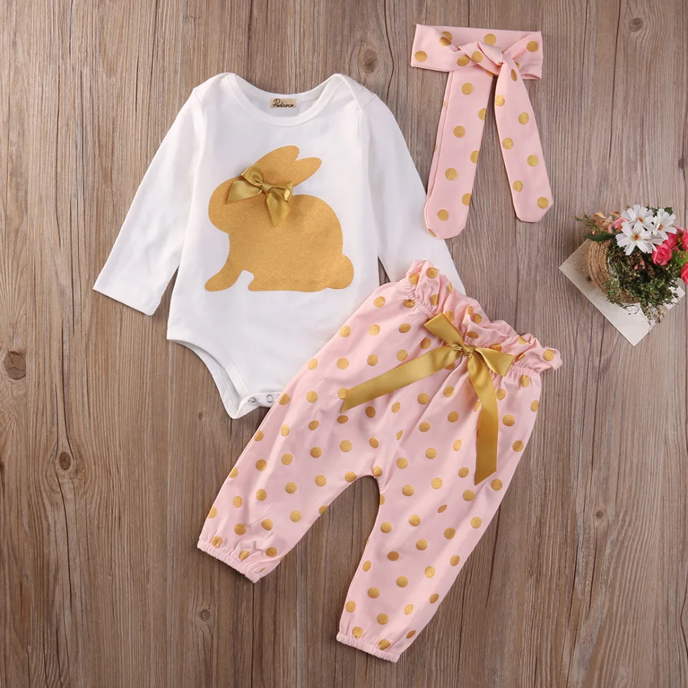 3 шт.! Одежда для новорожденных девочек комбинезон с длинными рукавами с золотым кроликом+ штаны в горошек повязка на голову, одежда