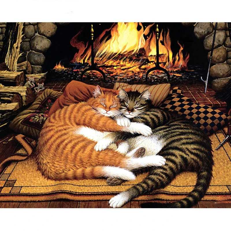 

Fireplace kitten Animal DIY Digital Painting By Number Modern Wall Art Canvas Painting Christmas Unique Gift Home Decor 40x50cm