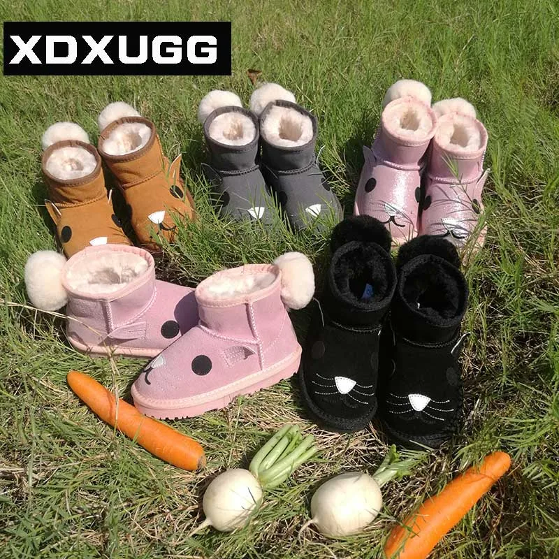 

2018 XDXUGG Children's cartoon snow boots fur one boys and girls bunny leather warm cotton shoes thick short tube slip