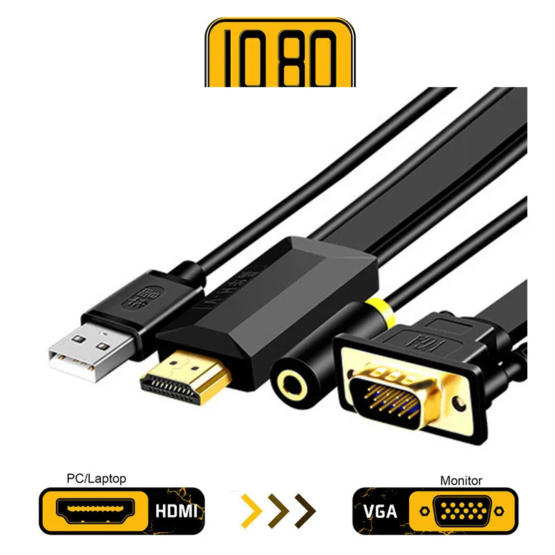 1 м-3 м HDMI в VGA адаптер Аналоговое видео с аудио и USB кабелем 1080P конвертер Поддержка
