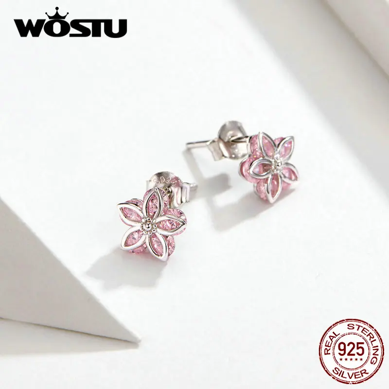 Женские серьги гвоздики с розовым кристаллом WOSTU из 100% стерлингового серебра 925