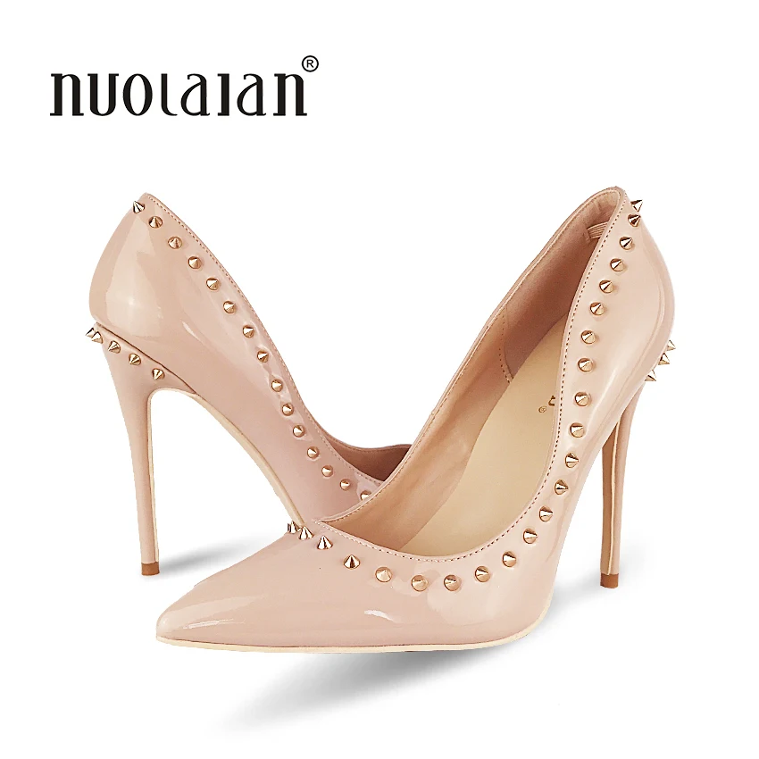 Rivets Shoes Woman High Heels Pointed Toe Sexy 12CM Heels Nude Patent Leather Ladies Shoes Fashion Wedding Shoes Pumps