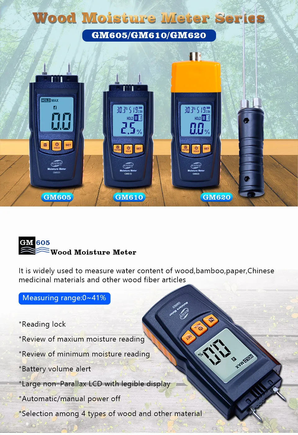 Цифровой ЖК-дисплей измеритель влажности древесины портативный измеритель влажности древесины GM605/610/620