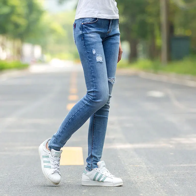 Синий Bleach Wash Distressed рок джинсы Для женщин Повседневное середины талии Button Fly Ripped
