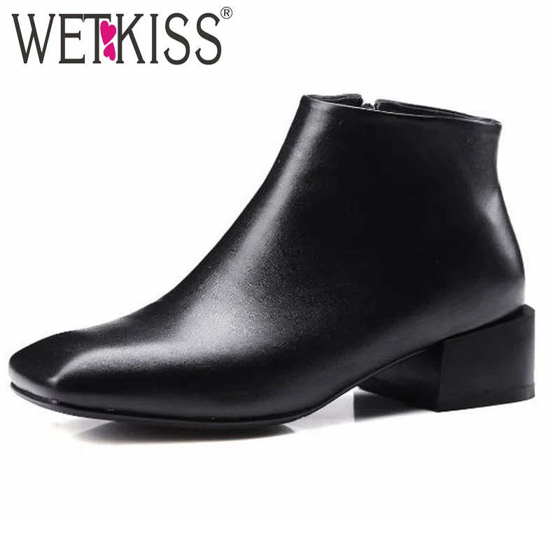 WETKISS 2016 Genuine Leather Fall Winter Women Boots High Quality Square Toe Shoes Women Thick Heel Med Heels Ankle Boots